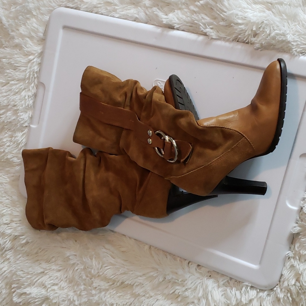 Jessica Simpson Cognac Slouch High-Heel Buckle Boots
